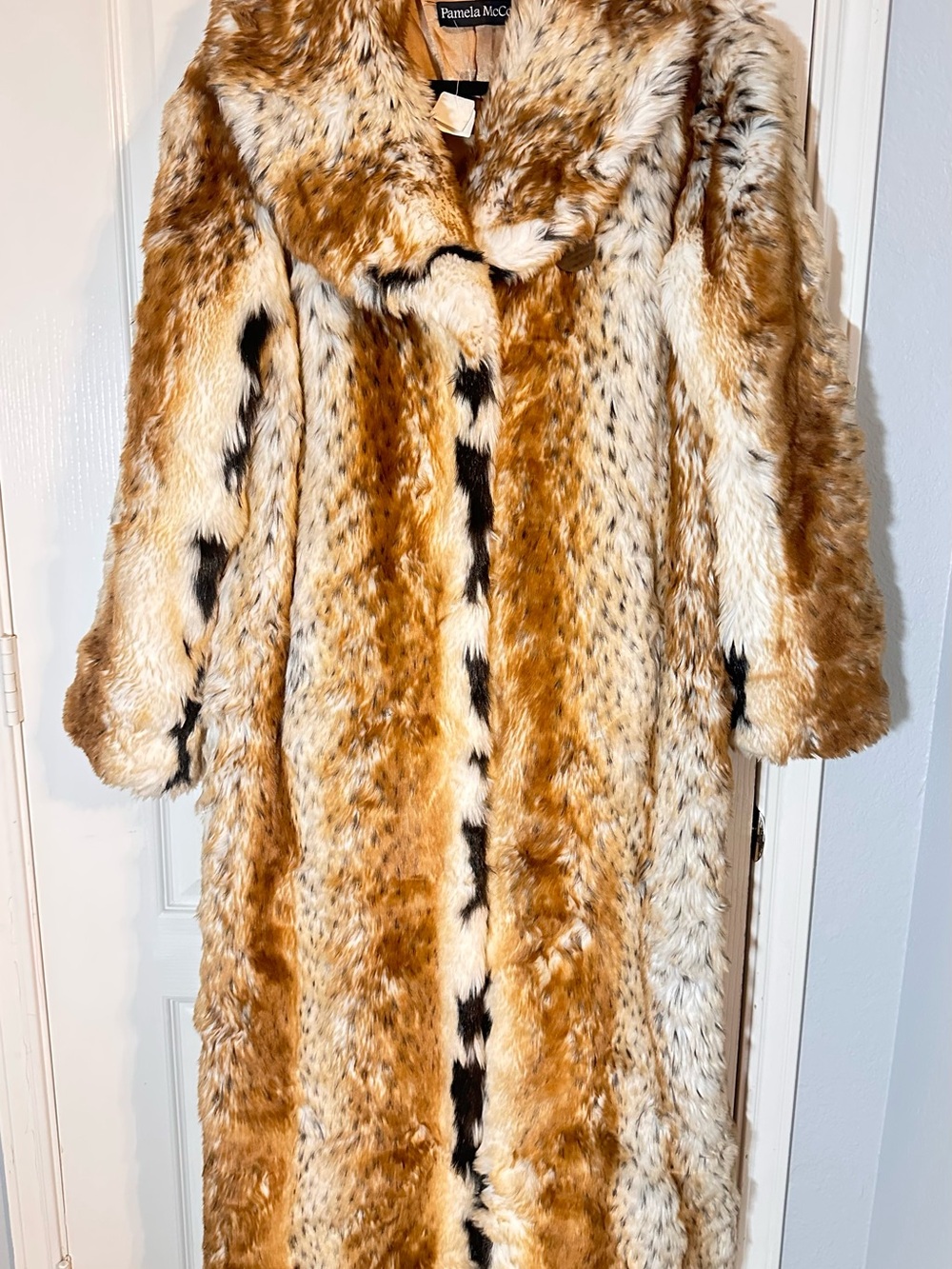 Pamela McCoy Fur Replica Full Length Faux Fur Coat Lynx Bobcat Print Large
